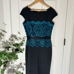 Tadashi Shoji Black Midi Dress with Blue Lace